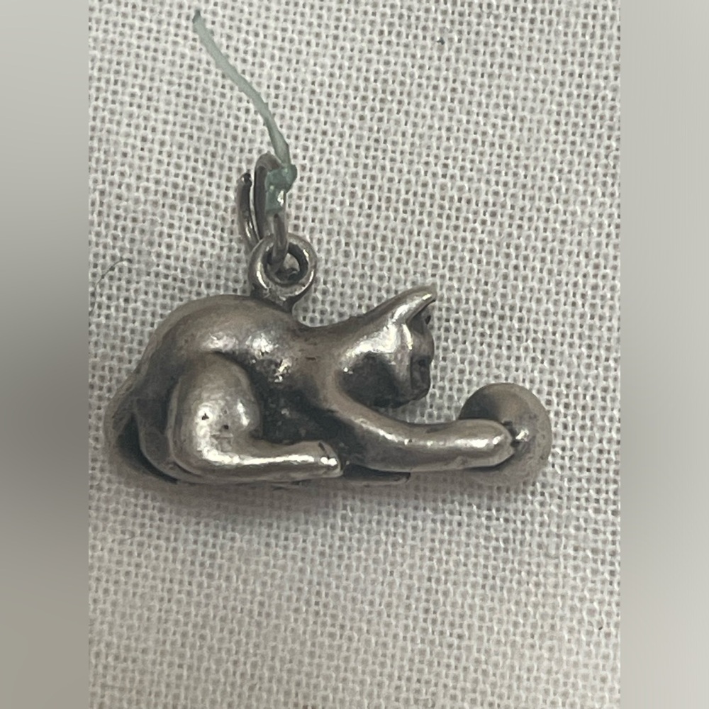 Vintage Pewter Kitten playing w/ ball charm is signed see pictures